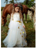 Ivory Lace Tulle Gold Petals Sweet Flower Girl Dress